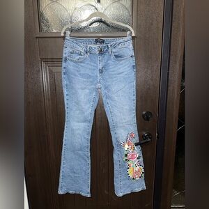 Ed Hardy Light Blue Denim Flare Jeans with Floral Embroidery